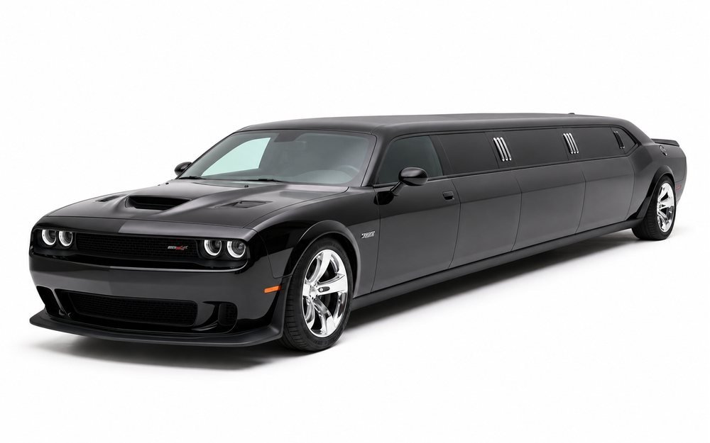 Luxury black Dodge Challenger SRT Limousine available with chauffeur service in Dubai.