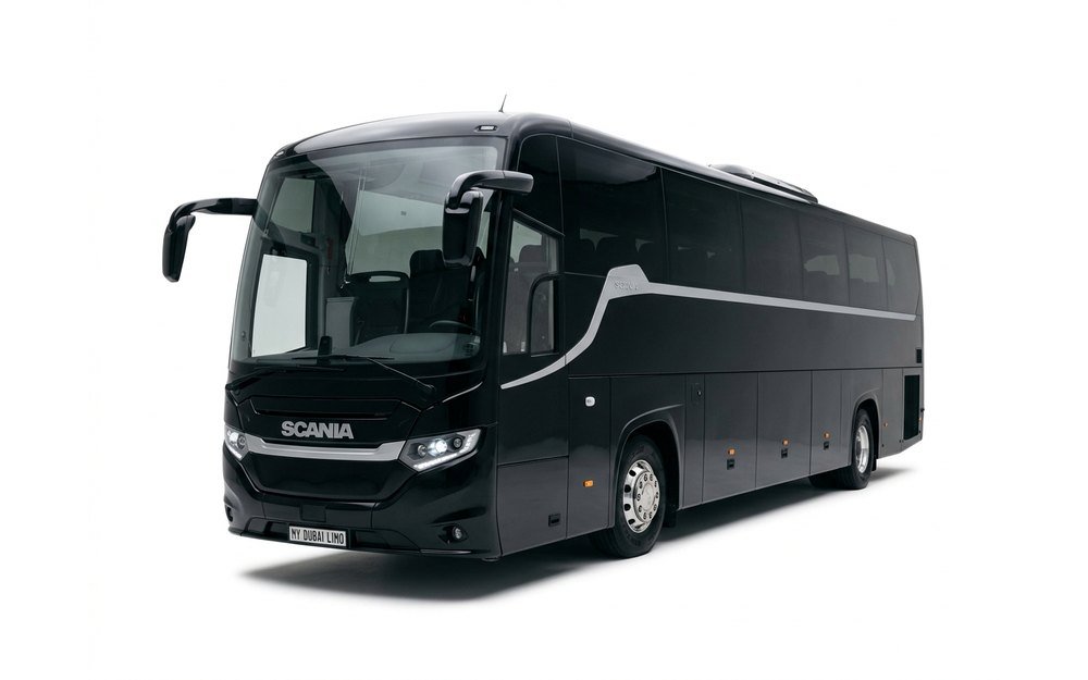 Scania luxury coach bus in glossy black for chauffeur hire Dubai