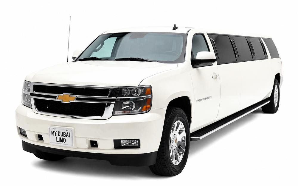White Chevrolet Suburban limousine for Dubai chauffeur service