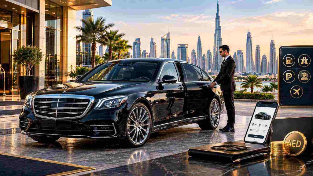 Chauffeur service Dubai pricing with Mercedes S-Class and professional chauffeur
