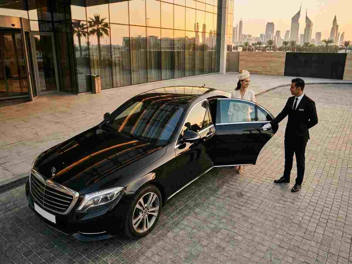 Luxury chauffeur car service in Sharjah with a professional chauffeur assisting a passenger outside a premium black sedan.