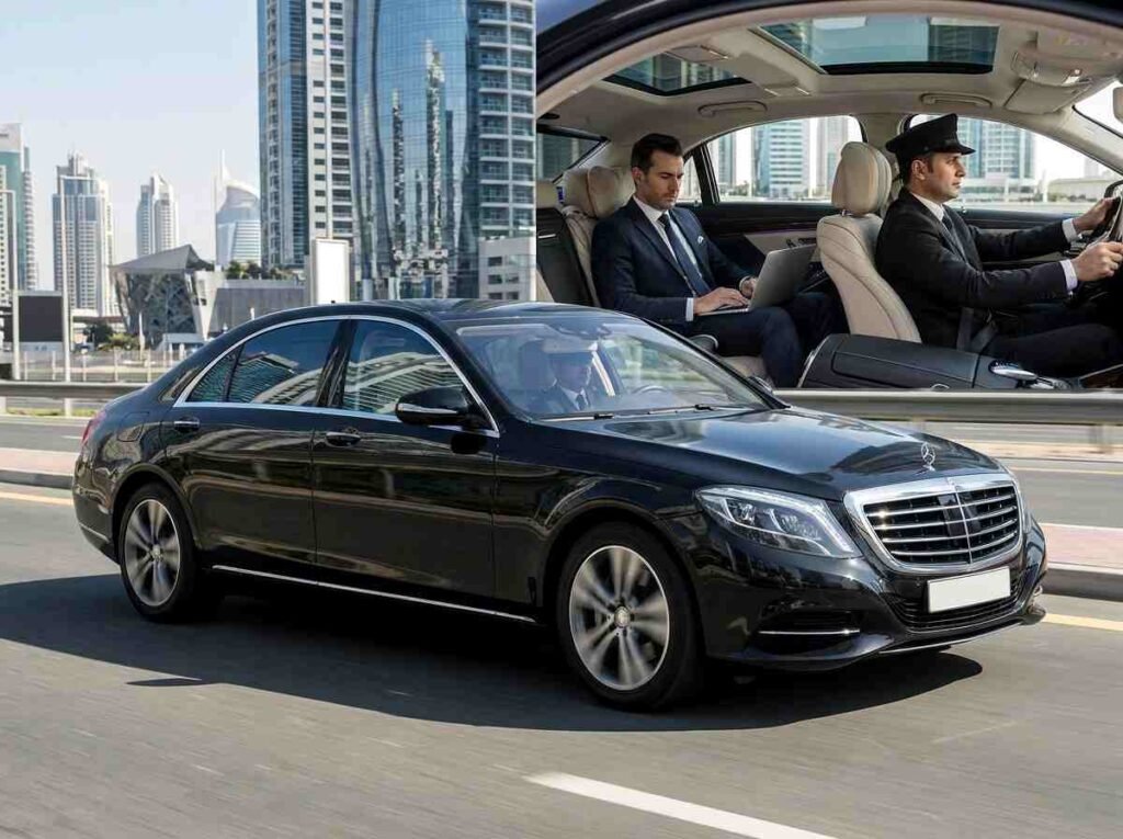 Dubai Business Executive Traveling in a Luxury Chauffeur-Driven Car