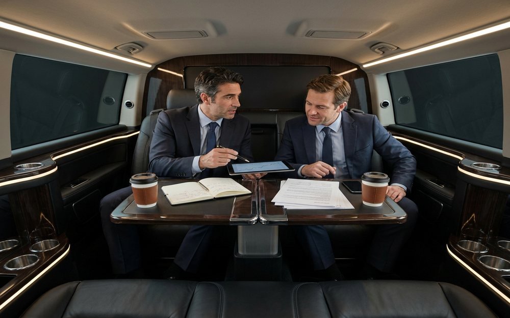Two Executives Having a Business Meeting Inside a Luxury Stretch Limousine in Dubai