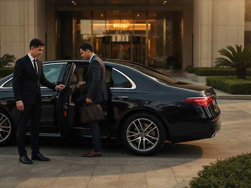 Professional chauffeur opening luxury car door for passenger in Dubai