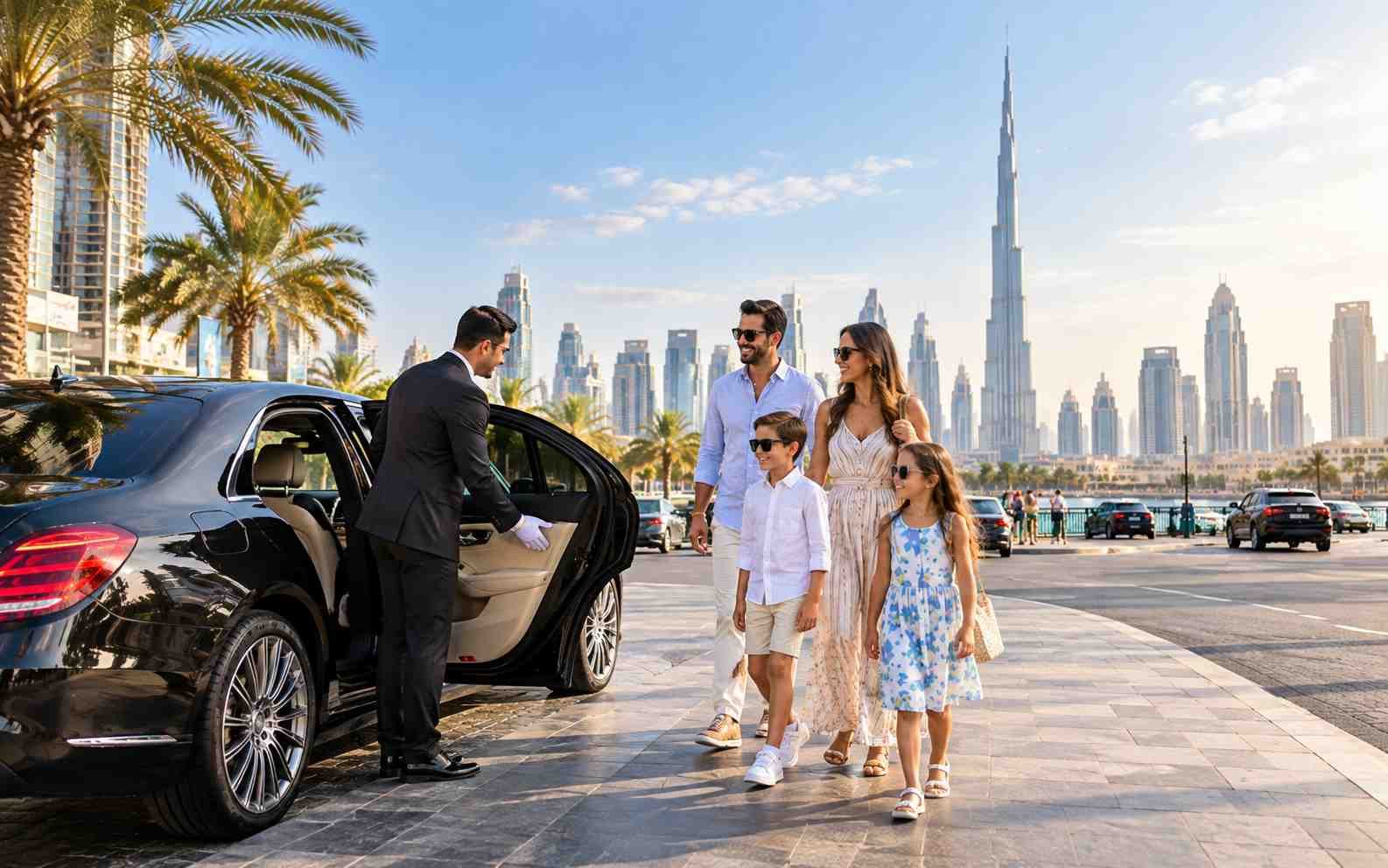 Family enjoying safe and comfortable sightseeing in Dubai during peak season
